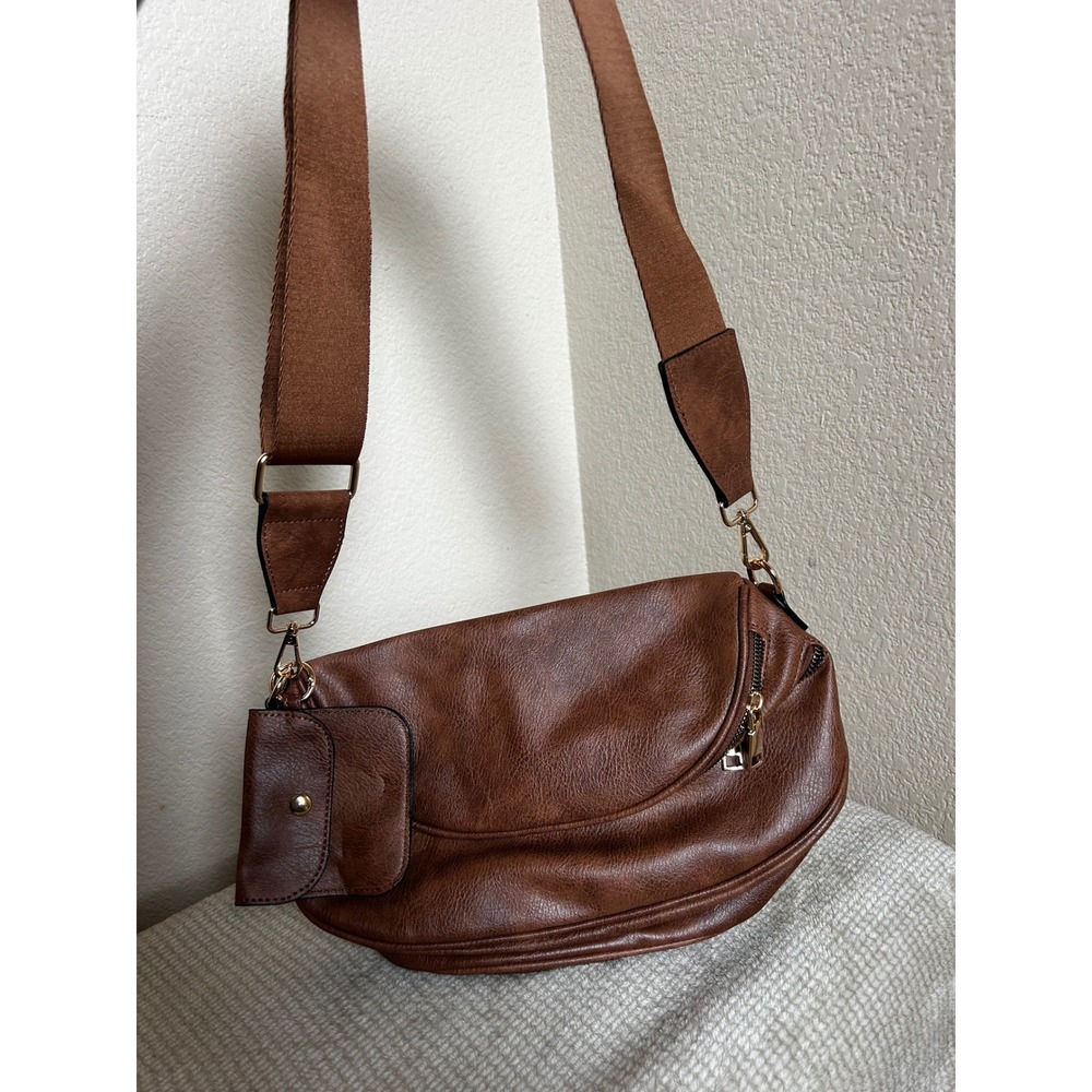 Brown Vegan Leather Crossbody Bag with Detachable Pouch and Guitar Strap
